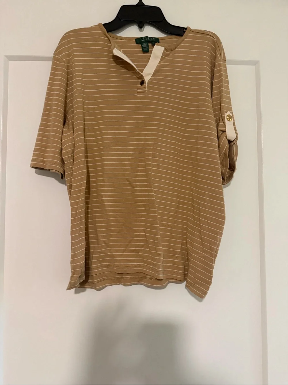 Ralph Lauren Tan Striped Henley Roll-Tab Top - Picture 6 of 6